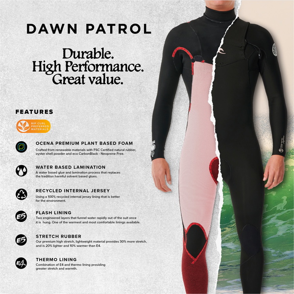 2026 Rip Curl Hommes Dawn Patrol 6/4mm à Capuche Chest Zip Combinaison Néoprène 16NMFS - Black